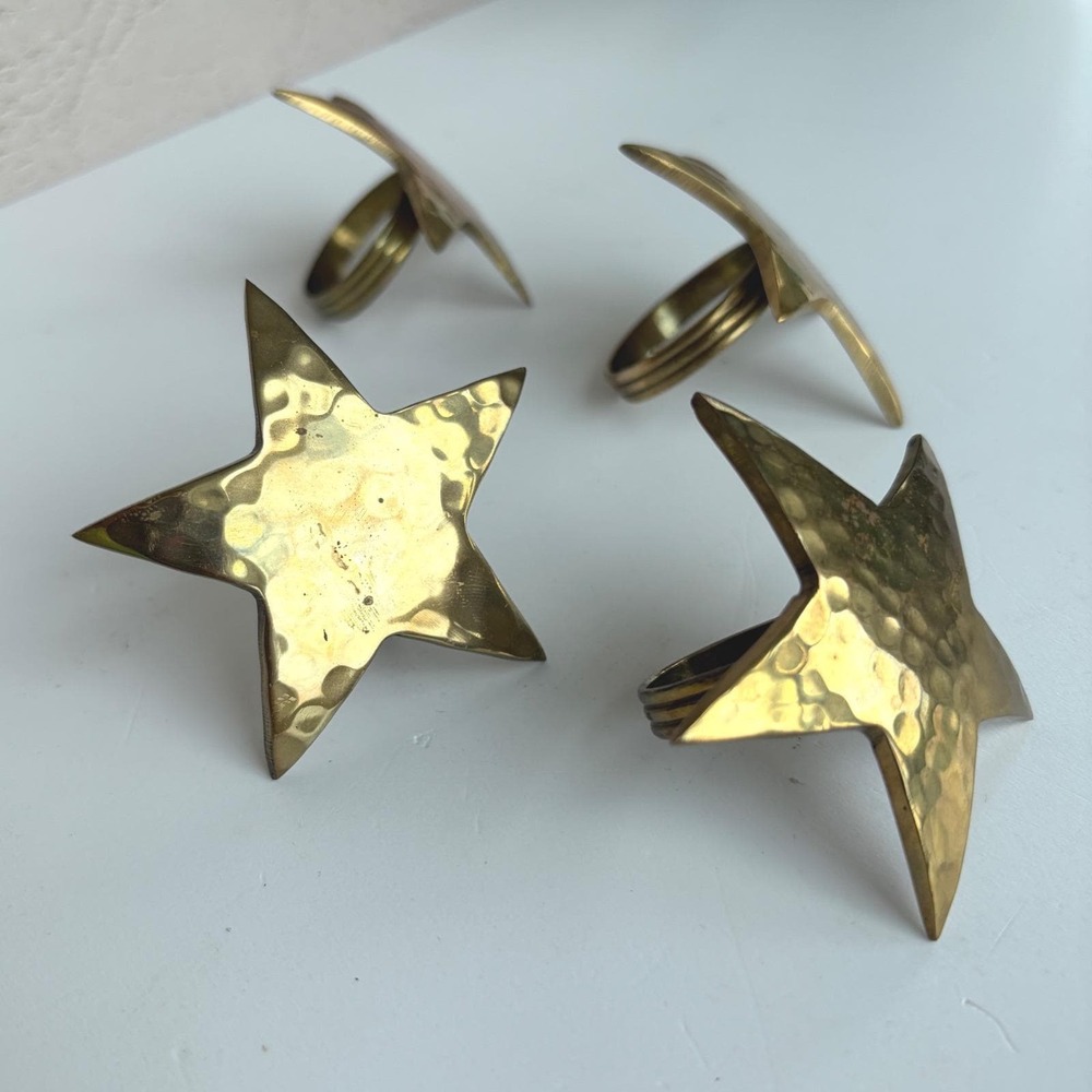 Vintage Hammered Brass Star Napkin Rings Set of 4 Made in India Celestial Decor - Picture 8 of 8